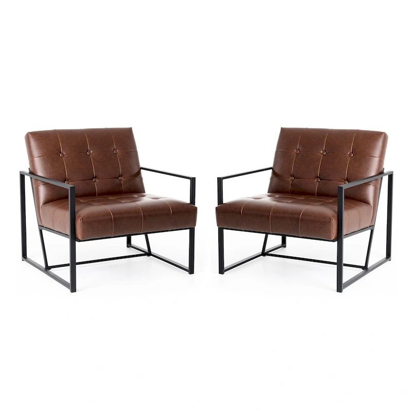 Glitzhome Set of 2 29.25W Mid-Century PU Leather Tufted Accent Chairs