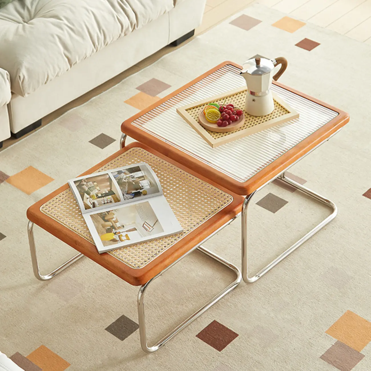 Cherry Finish Rattan Glass Square Nesting Coffee Table