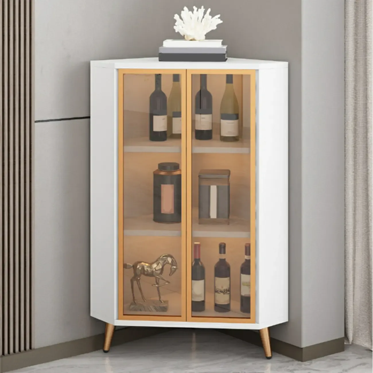 Modern Glam White-Gold Wood Glass Display Cabinet
