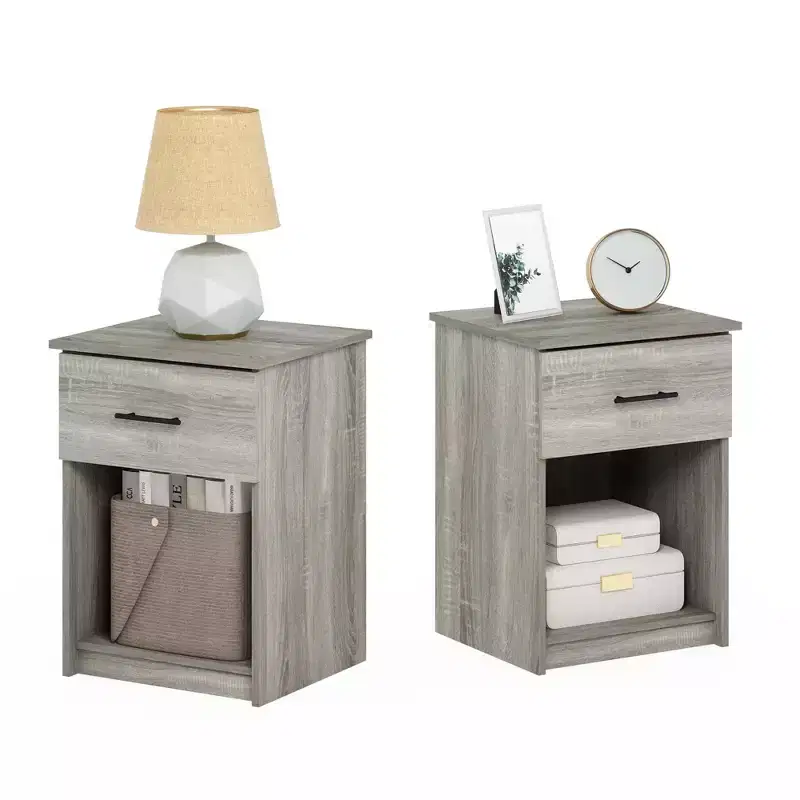 2PCS Mid-Century Nightstand Multipurpose End Table Accent Side Table W/Drawer & Open Storage Cube for Bedroom, Living Room, French Oak Grey