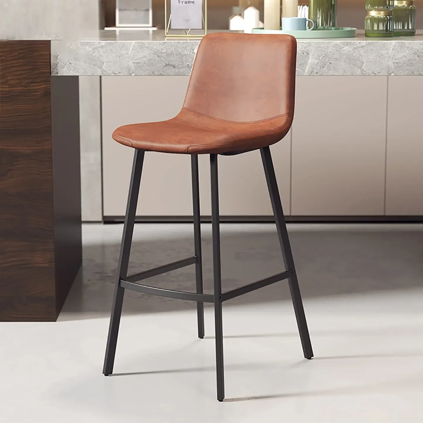 Scandinavian Leather Black Frame Bar Stool