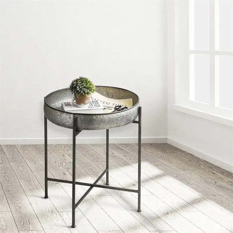 Folding Galvanized Side Table Waterproof Coffee Table - 22.44D x 22.44W x 25.79H