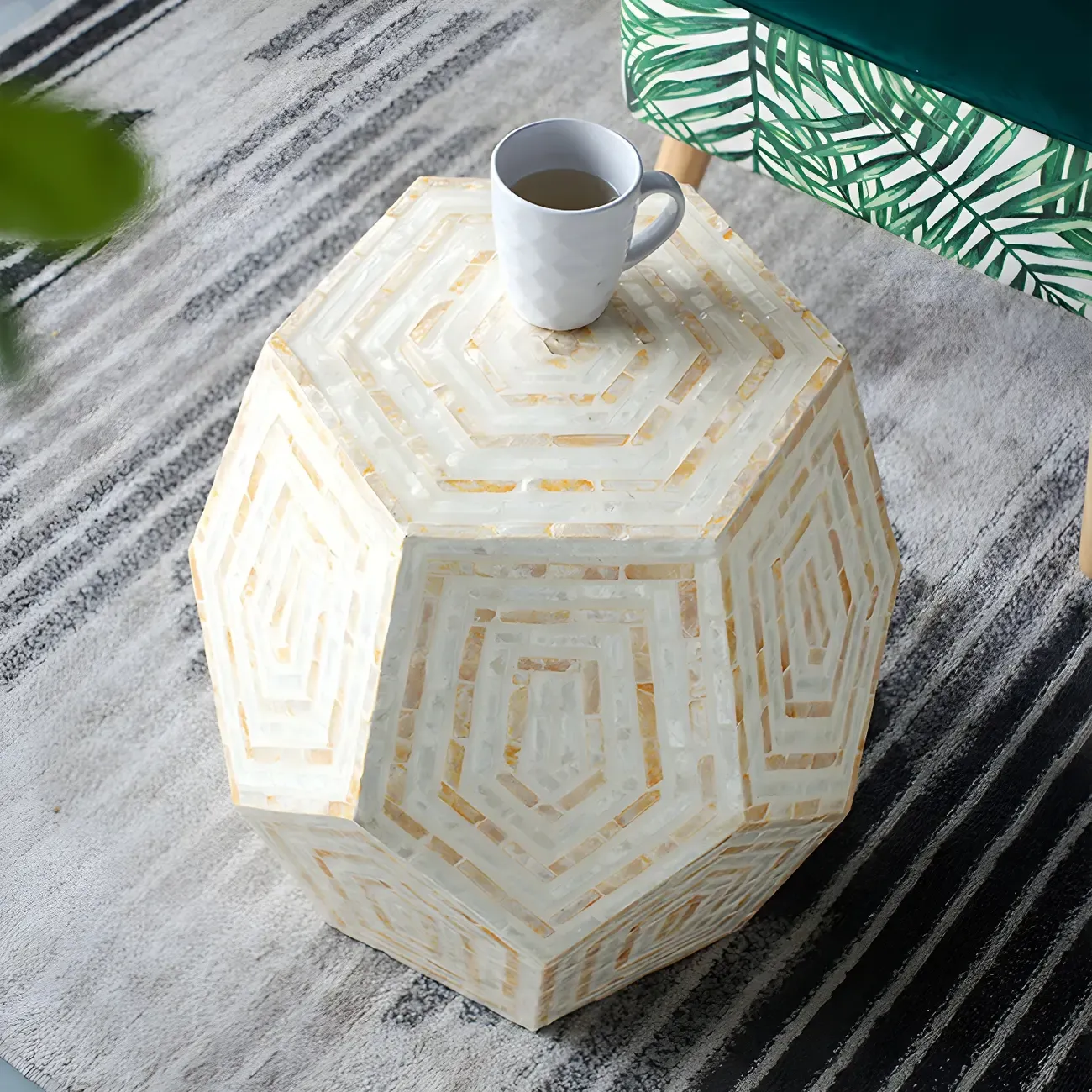 Tropical Mosaic Wooden Round Side Table