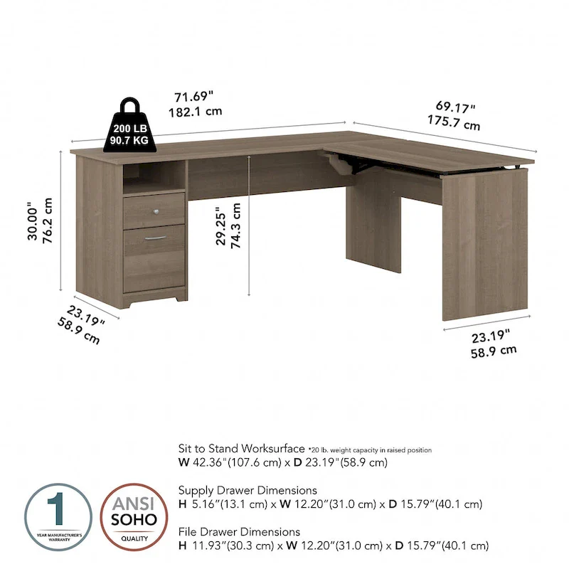 72W 3-position L-shaped Sit to Stand Desk by Bush Furniture