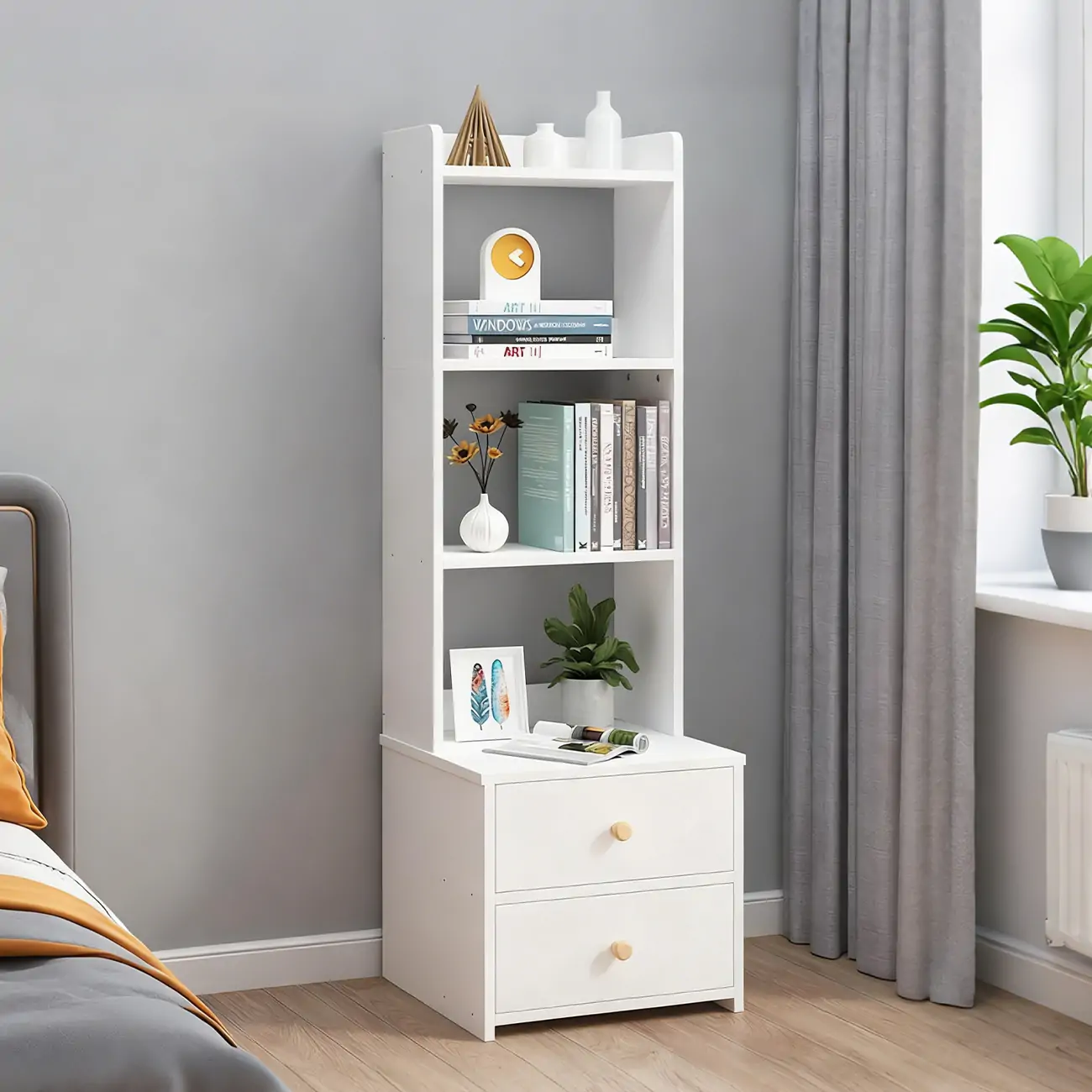 Modern Tall Wood Spacious Shelves 2-Drawer Nightstand