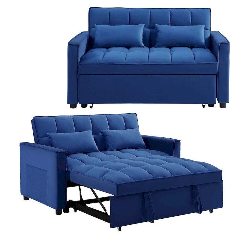 Convertible Sleeper Loveseat, 3-Position Backrest, Velvet, Foam, Side Pockets, USB, Seats 2/Twin Bed, Blue/Black/Grey