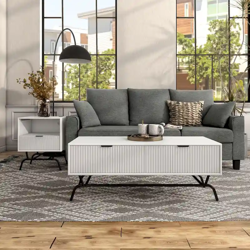 DH BASIC 2-Piece Modern Coffee Table and End Table Set with 3D Wave Accented Drawers by Denhour
