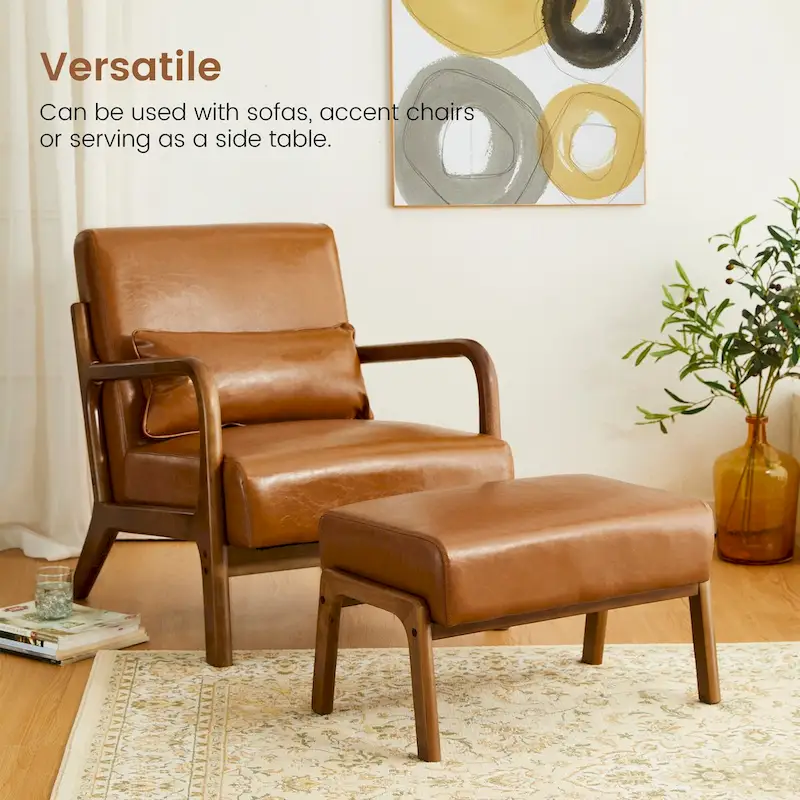 Glitzhome Set of 2 Mid-century Leatherette Ottoman Accent Stools