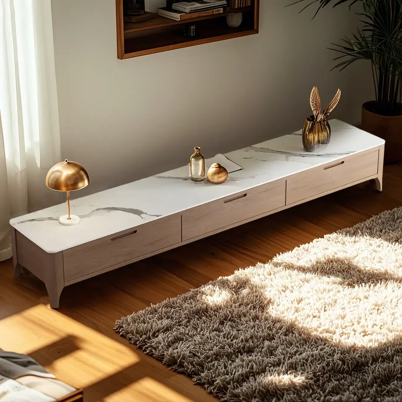 71 Brown Stone Top Cable Management TV Stand with Drawers