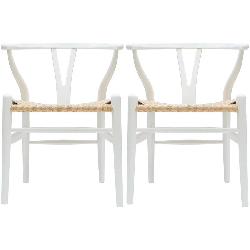 Set of 2 Wood Dining Chairs with Woven Rope Seat