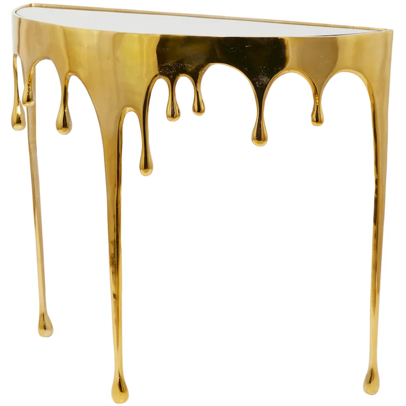 Aluminum Metal Drip Accent Coffee or Console Table with Melting Designed Legs and Shaded Glass Top - Roche River Decor
