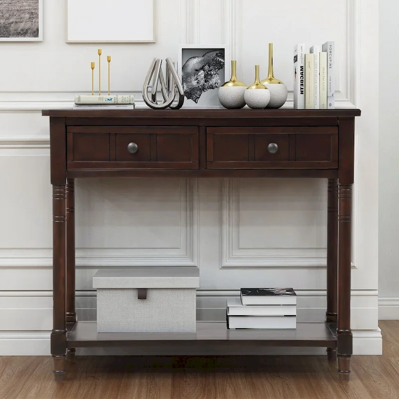 Daisy Series Console Table Traditional Design with Two Drawers and Bottom Shelf Acacia Mangium