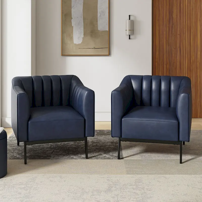 Channel Tufted PU Leather Accent Chair, Navy/Grey/Camel/Brown/Black, Metal Legs, Set of 2