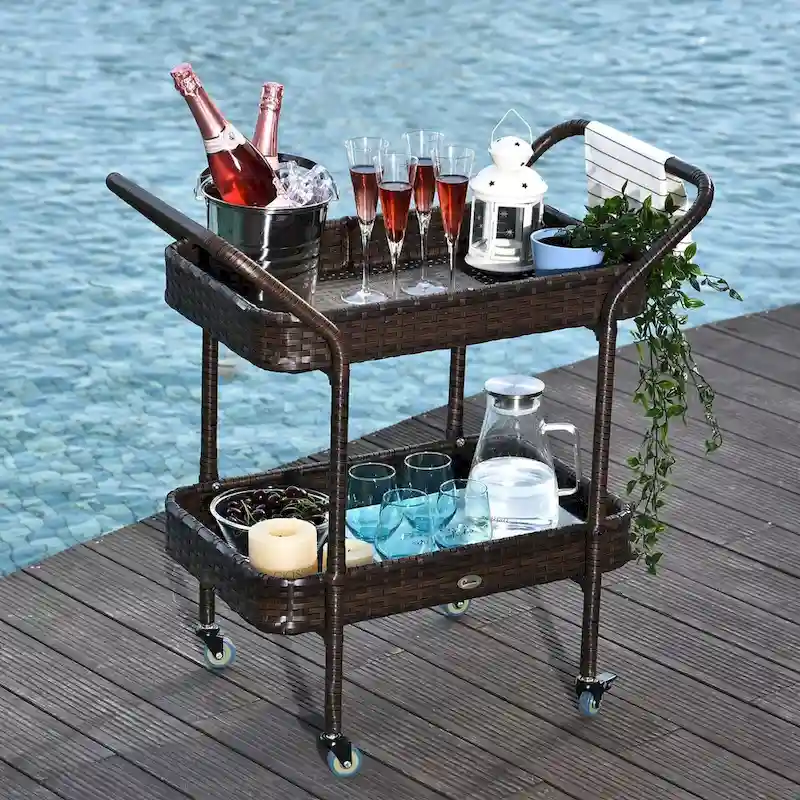 Rattan Wicker Serving Cart with 2-Tier Open Shelf, Brakes