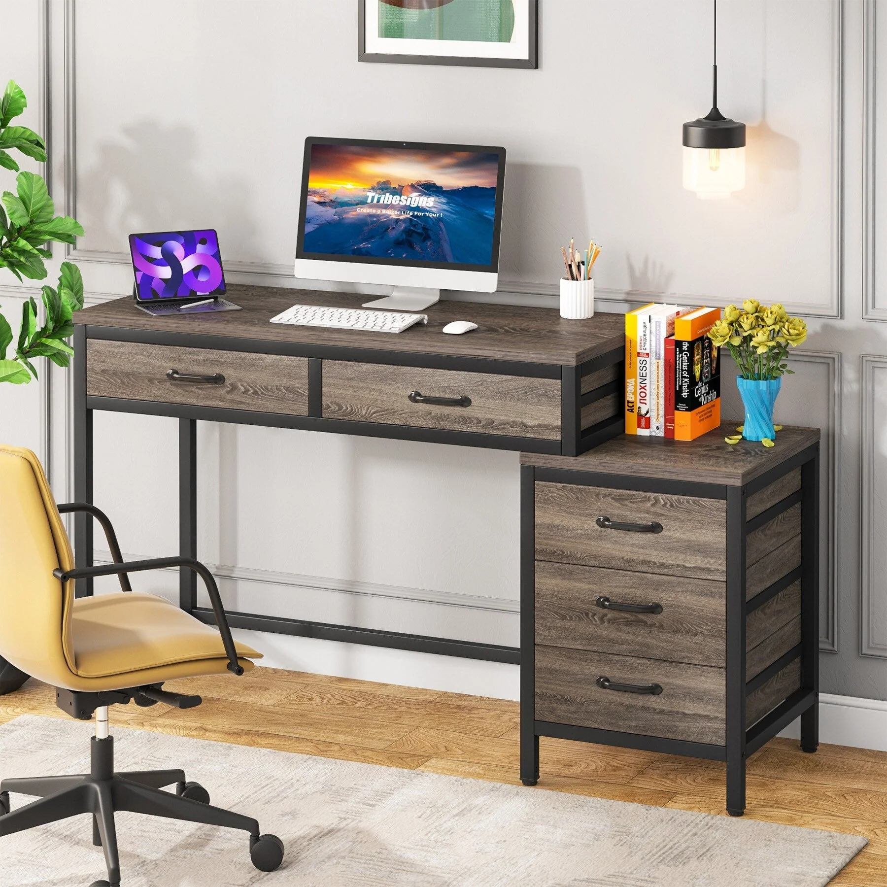 Reversible Computer Desk with 5 Drawers, Home Office Desk with File Cabinet Drawer Printer Stand