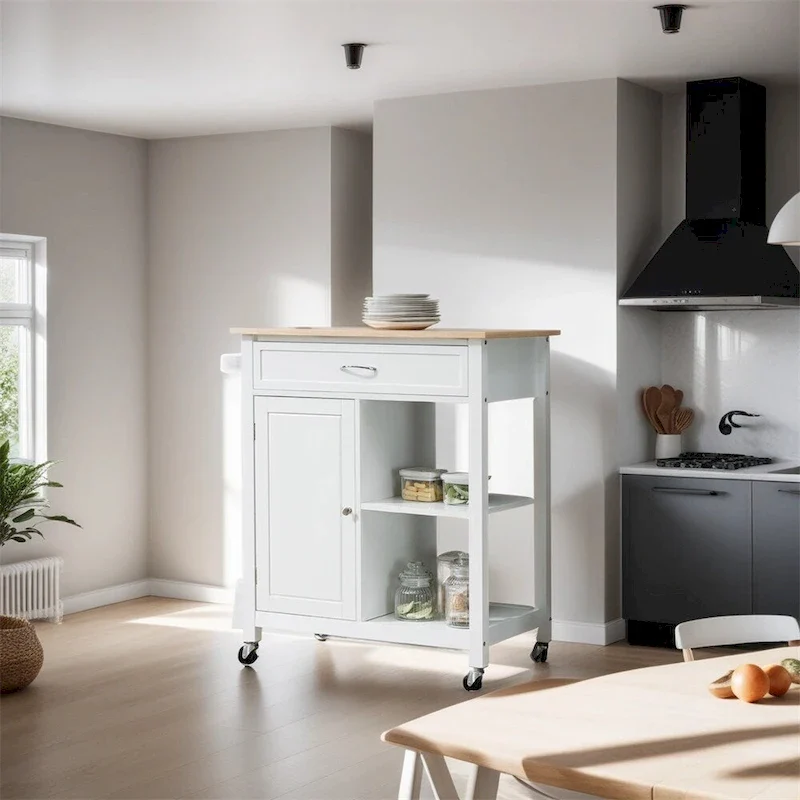 Rolling Kitchen Island Cart with Storage and Solid Wood Top - N/A