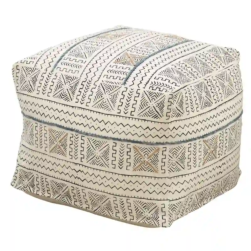 Cotton Floor Pouf with Abstract Pattern – White, Polystyrene Bead Fill, Single