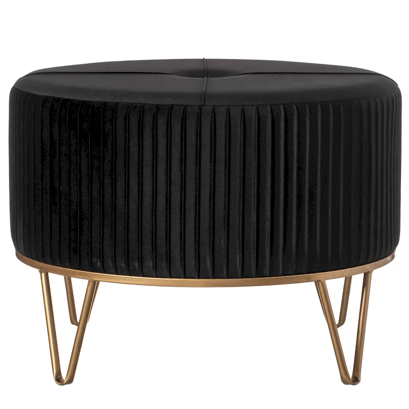 Round Velvet Ottoman Stool Raised with Hairpin Gold Base