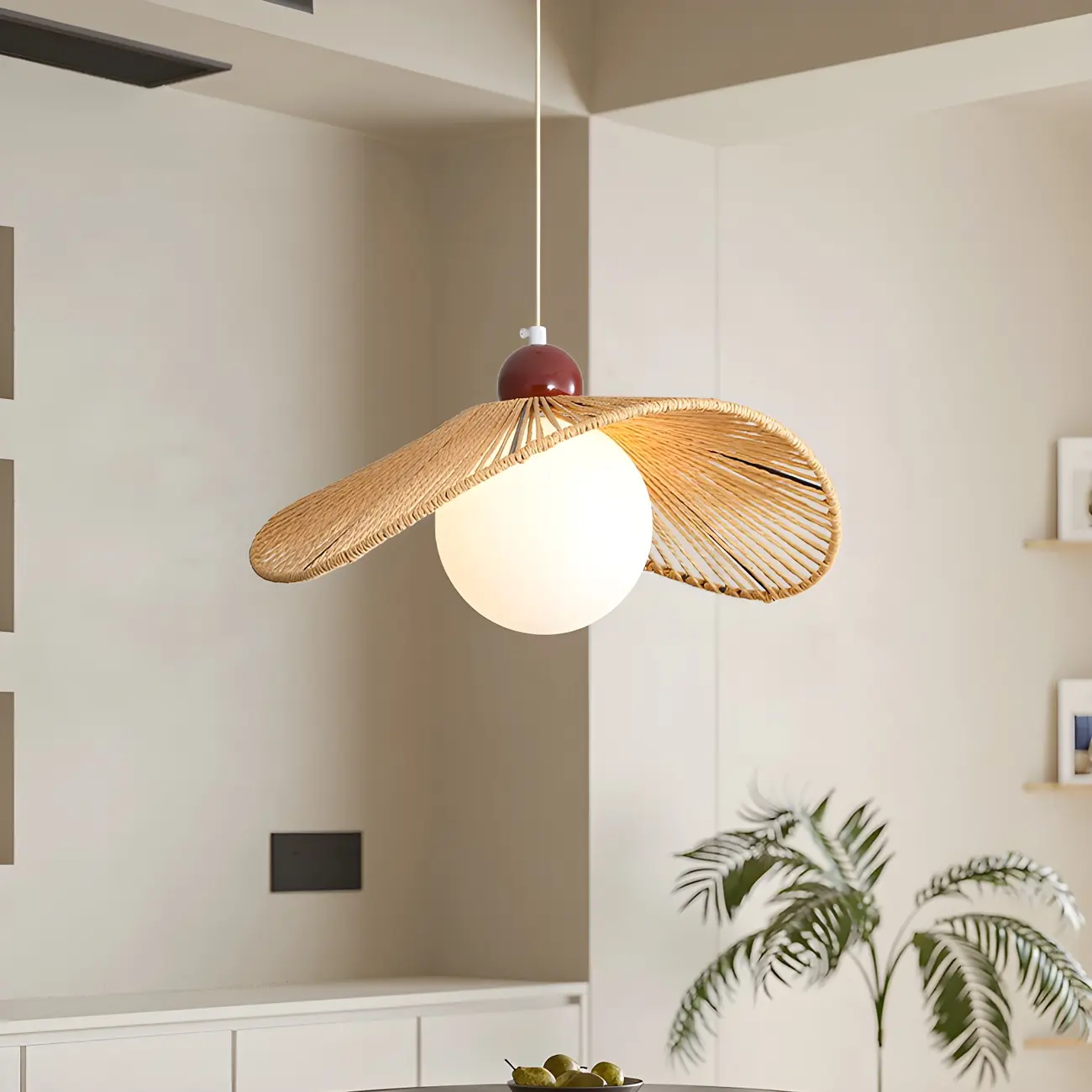 Rattan Curved White Glass Globe Pendant Light