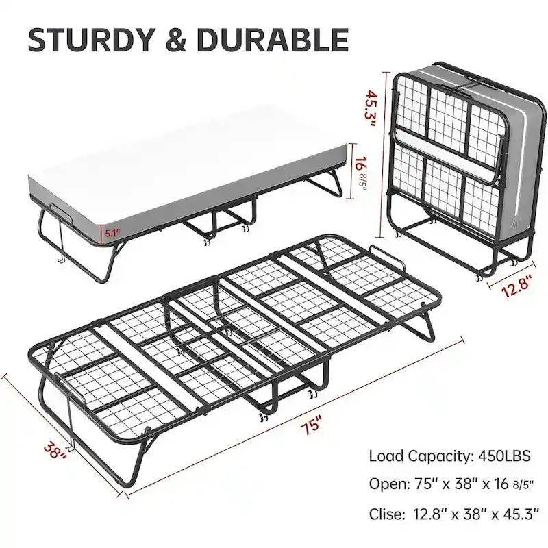 Roll away Space-Saving Sturdy Metal Frame Folding Guest Bed with 5 Thick Mattress