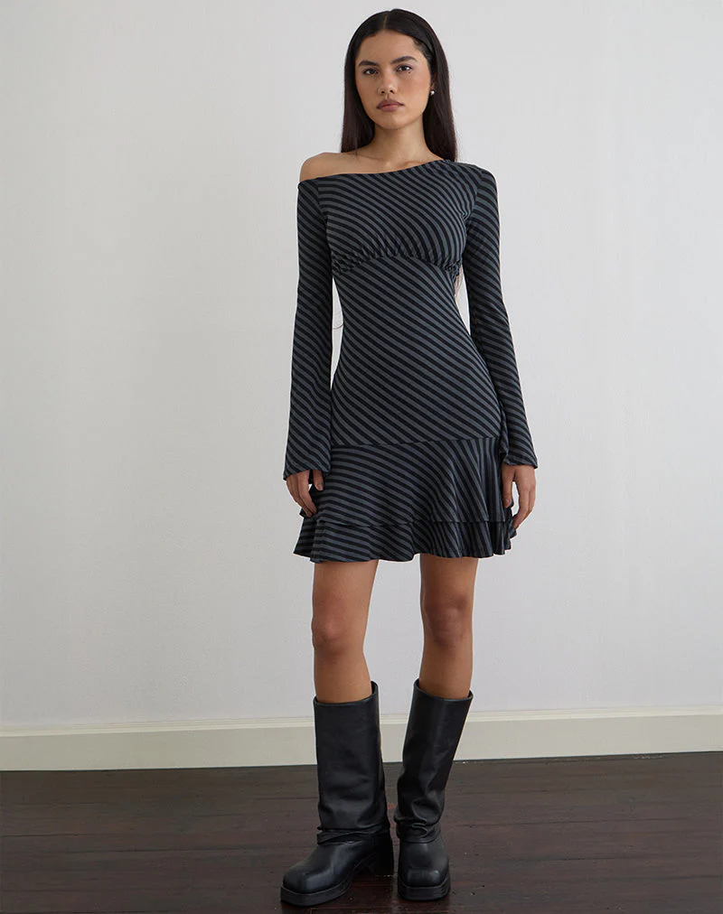 Hongsai Mini Dress in Oblique Stripe Ocean Storm