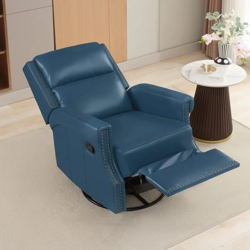 Genuine Leather Manual Rocking Recliner with 360-degree Metal Swivel Base