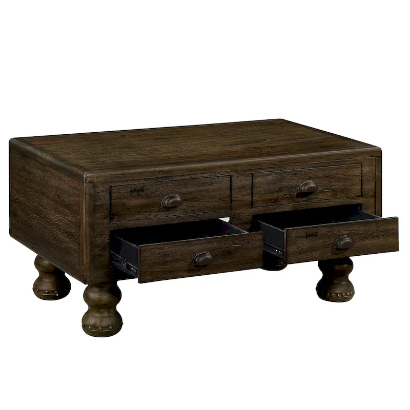 Rectangle Coffee Table, 4 Drawers, Pine Wood & MDF, Oak Veneer, Gourd Legs, 40