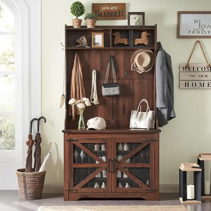 42 Wide Farmhouse Entryway Bench with Coat Rack, Mudroom Cabinet