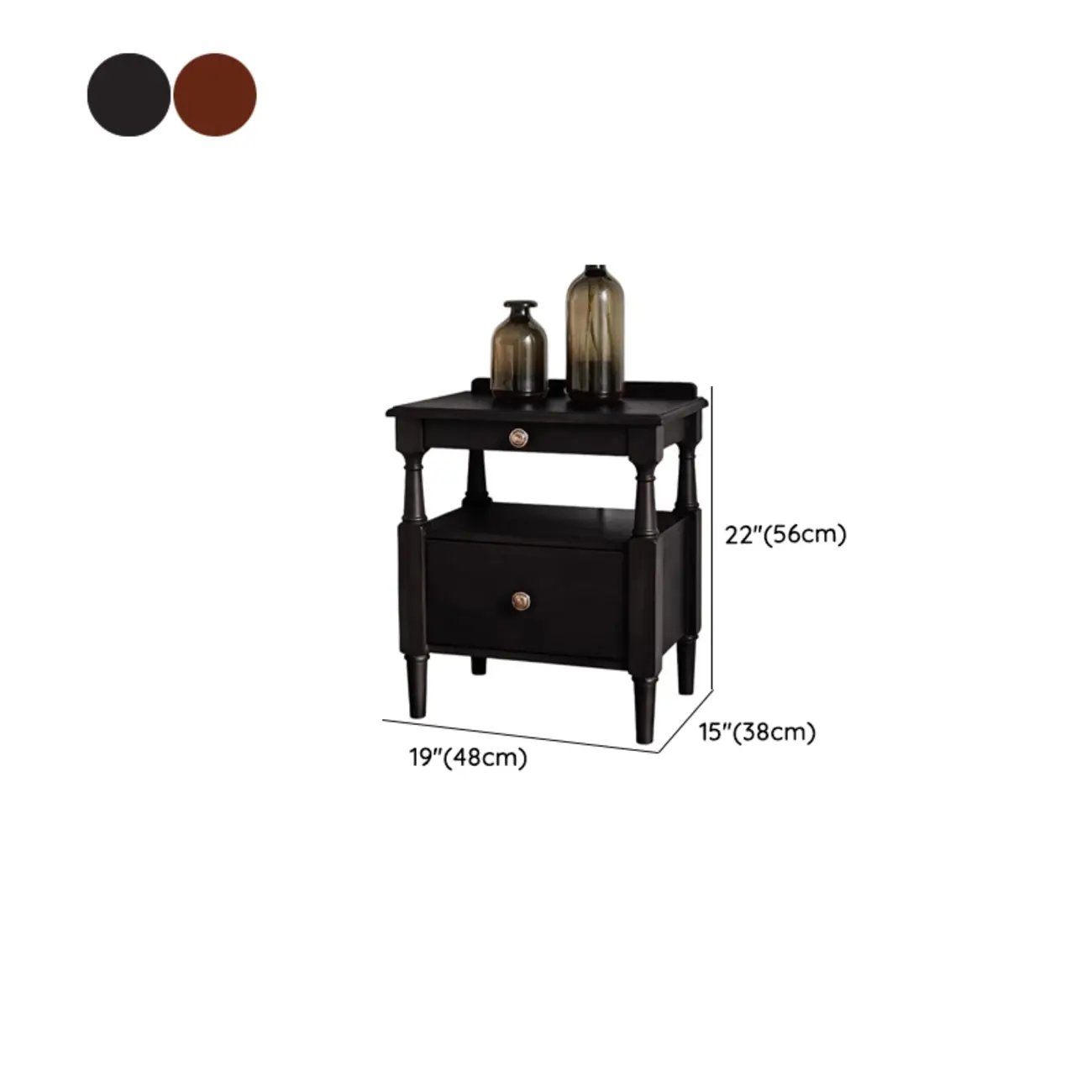 French Country Black 2 Drawers Wooden Nightstand