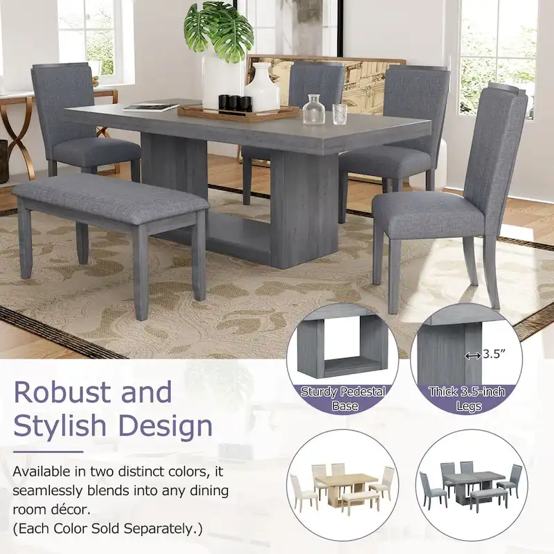 6-Piece 78inch Extendable Pedestal Dining Table Set with 18inch Removable Leaf and Dining Bench, 4 Upholstered Dining Chairs
