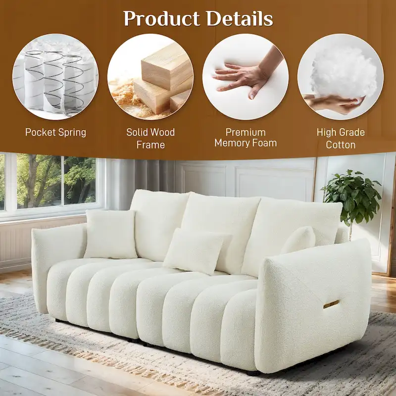 Ouyessir Overstuffed Upholstered Deep Seat Soft Fabric Sofa with 3 Pillows