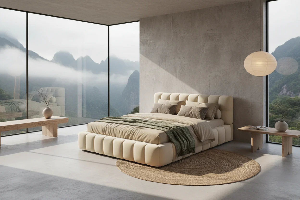 Queen Size Upholstered Platform Bed with Thick Fabric, Grounded Bed with Solid Frame, Beige