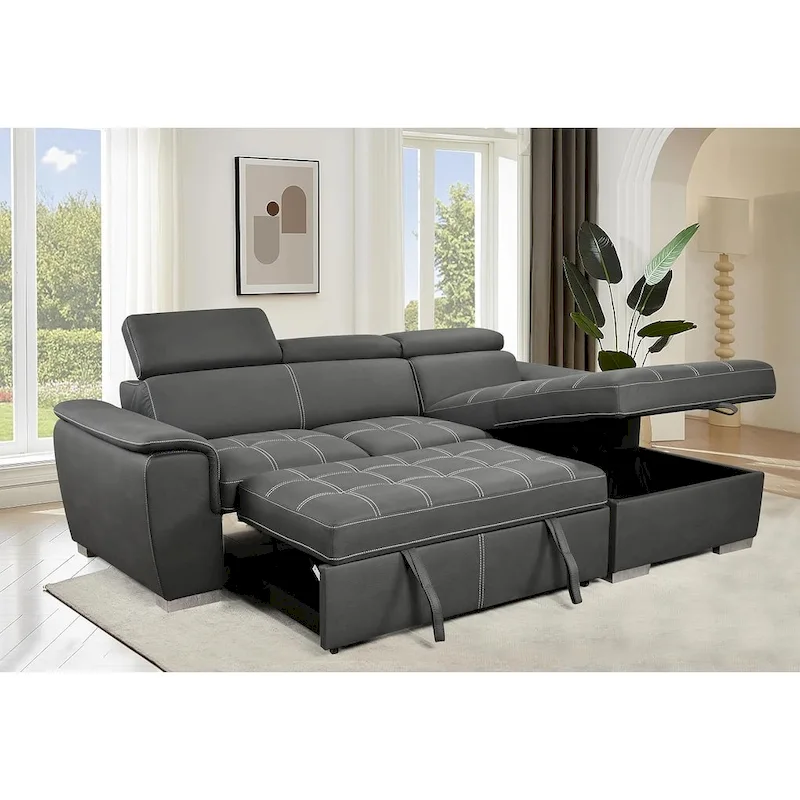 Roomfitters 97 Convertible Sectional Sofa with Storage Chaise, Adjustable Headrests, Contemporary L-Shaped Sleeper Corner Sofa