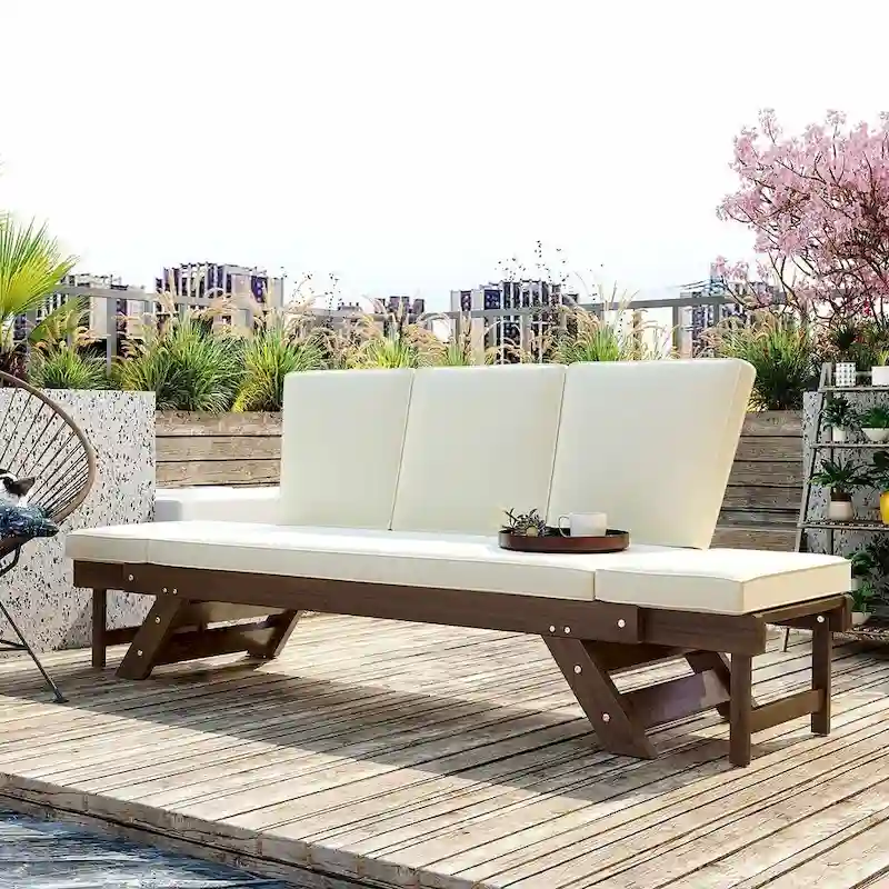 Outdoor Adjustable Wooden Daybed Sofa Chaise Lounge with Cushions