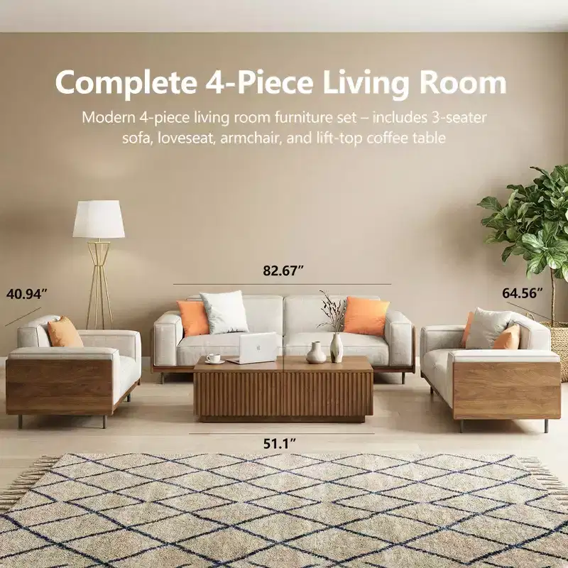 111.81 Extra-Long Solid Wood Mid-Century Light Gray Sofa, 4-Seater Cotton-Linen Couch with Walnut Accents & Washable Covers Gaoyangjiaju