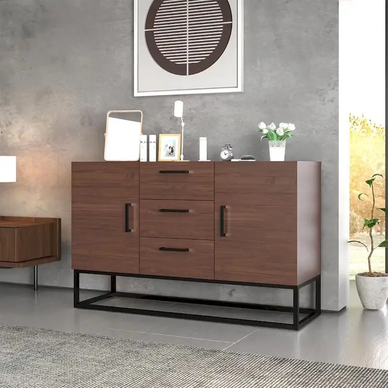 Faux Wood Sideboard with 3 Drawer Server Cabinet