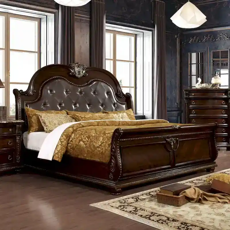 Furniture of America Etane Traditional Solid Wood Sleigh Bed with Tufted Leatherette Headboard