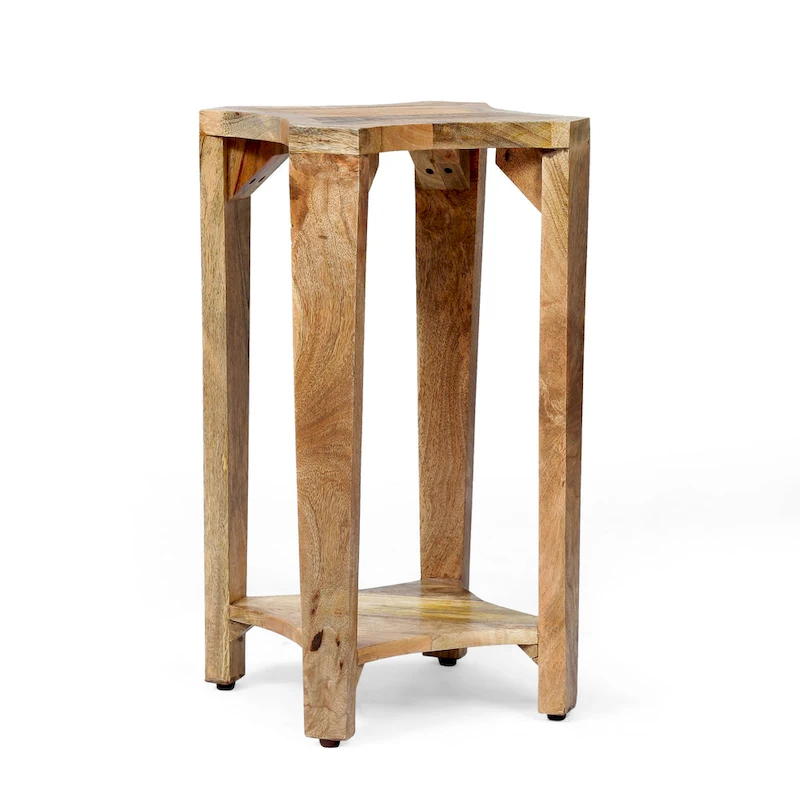 13 Boho Wooden Side Table with Handcrafted Wood Structure and Concave Design