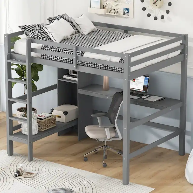 Wood Loft Bed w/Slats Support, Full Size Bed Frame with Multifunction Shelves, Full-length Guardrail and Under-bed Desk