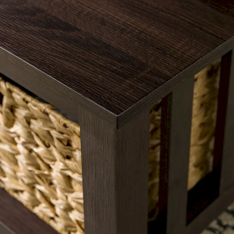 40-Inch Mission Style Coffee Table with 2 Wicker Storage Baskets, MDF Laminate, Wood Grain Design