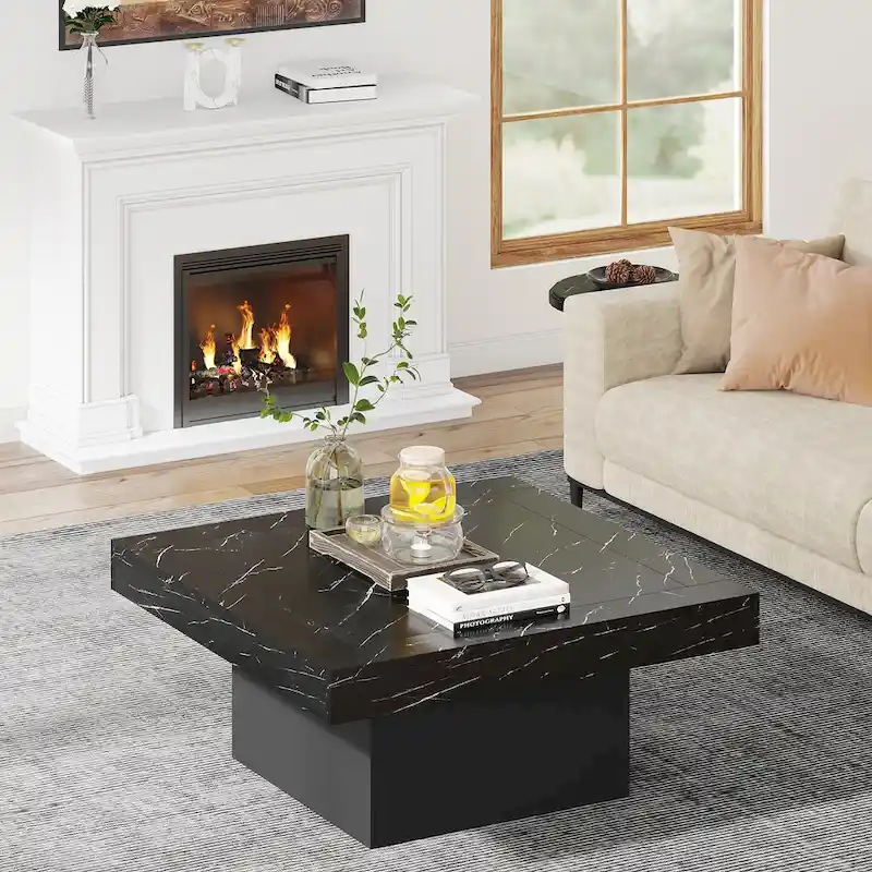 Farmhouse Coffee Table Square LED Coffee Table Engineered Wood Coffee Table