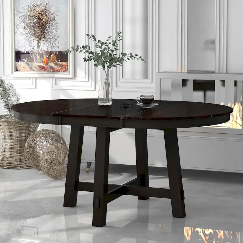 Farmhouse Round Extendable Dining Table with 16 Leaf Wood Kitchen Table