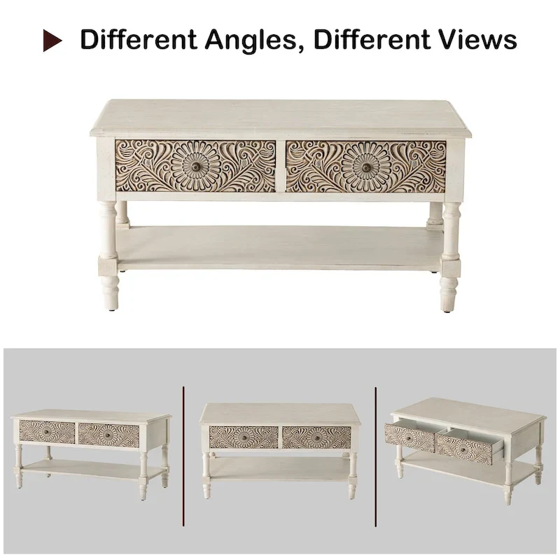 Rectangular Coffee Table, 2 Drawers & Open Shelf, MDF with Veneer, Flower Pattern, 39.2