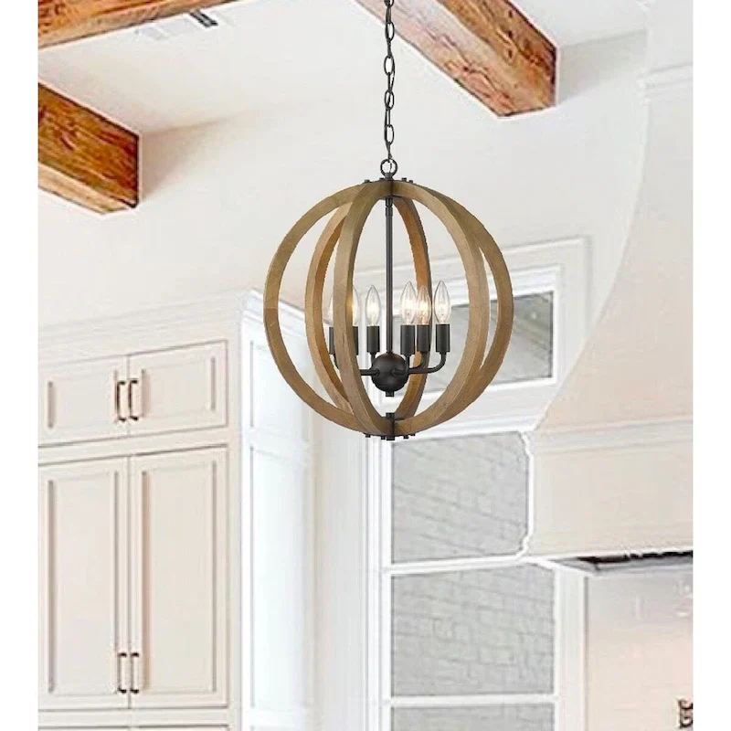 Modern Rustic Wooden 6 Light Mini Circle Orb Pendant