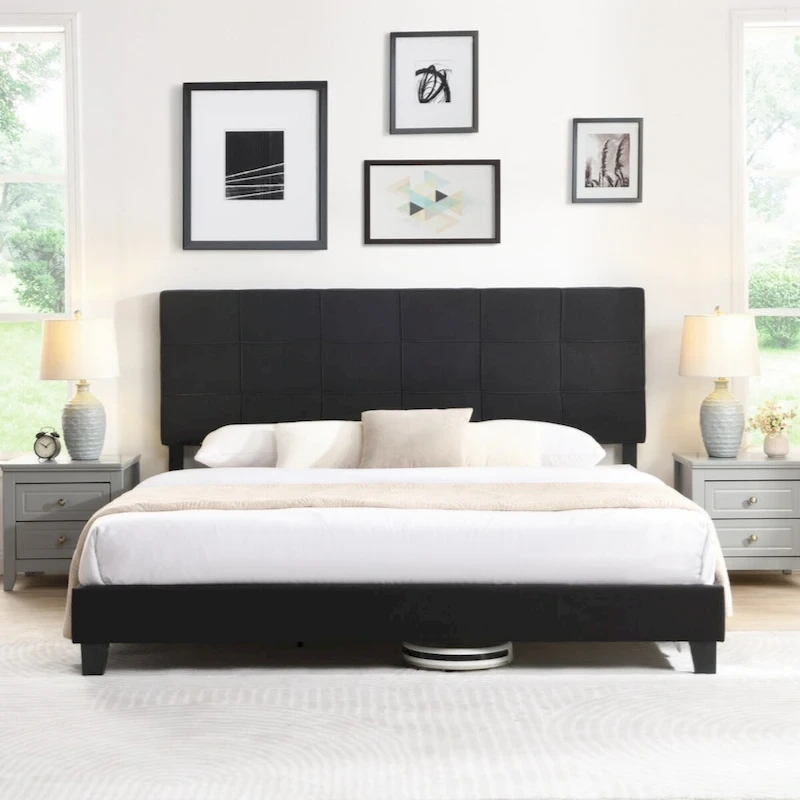 King Size Upholstered Platform Bed Frame with Linen Fabric Headboard,Black