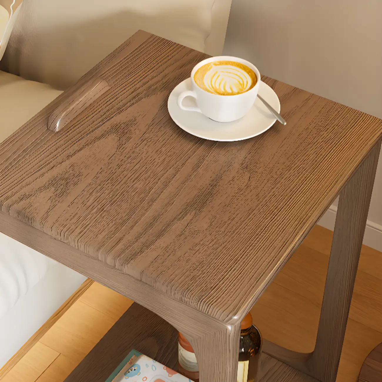 Scandinavian Wooden Flip-Top C-Shaped Side Table with Wheels