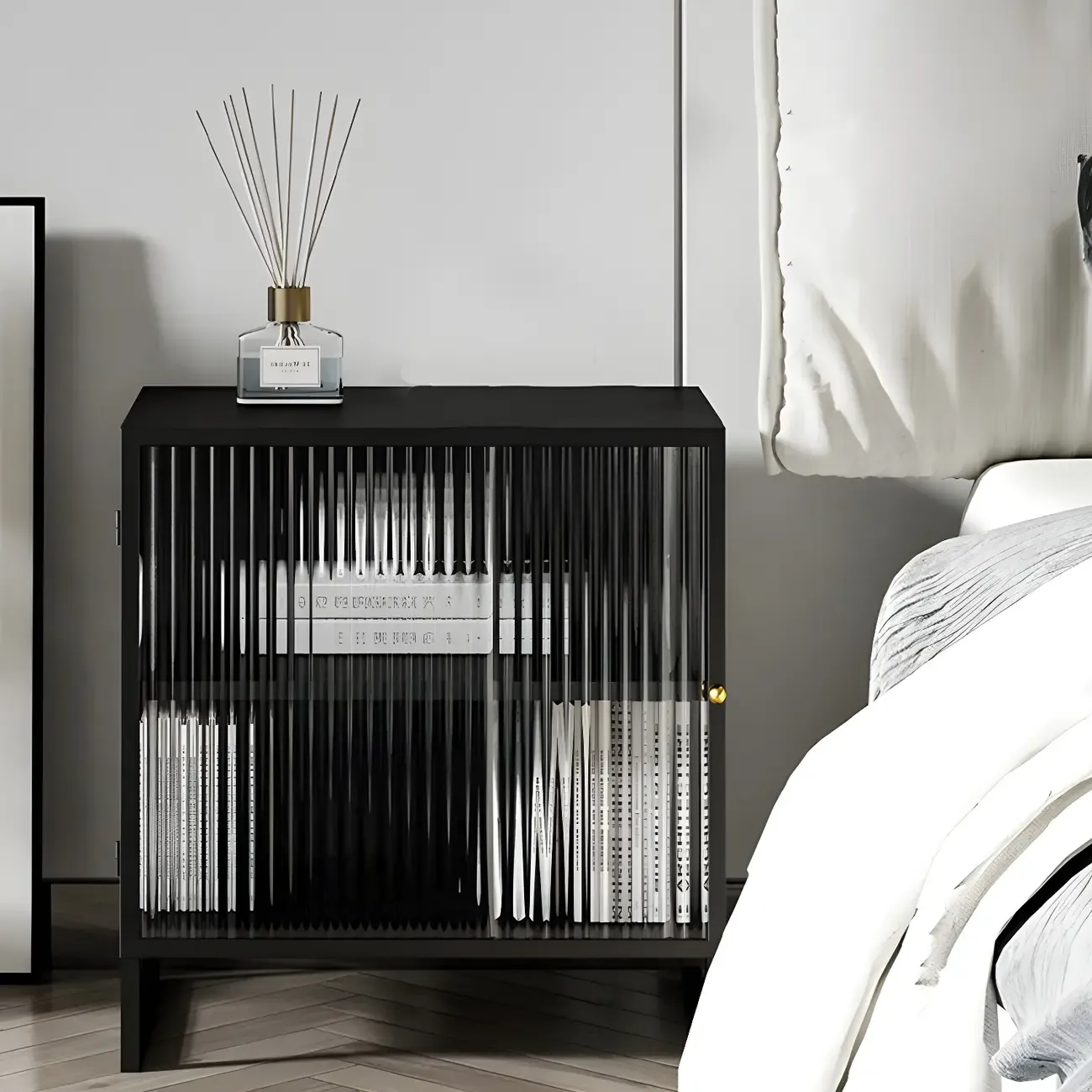 Black 2-Tier Ribbed Glass Metal Bedroom Nightstand