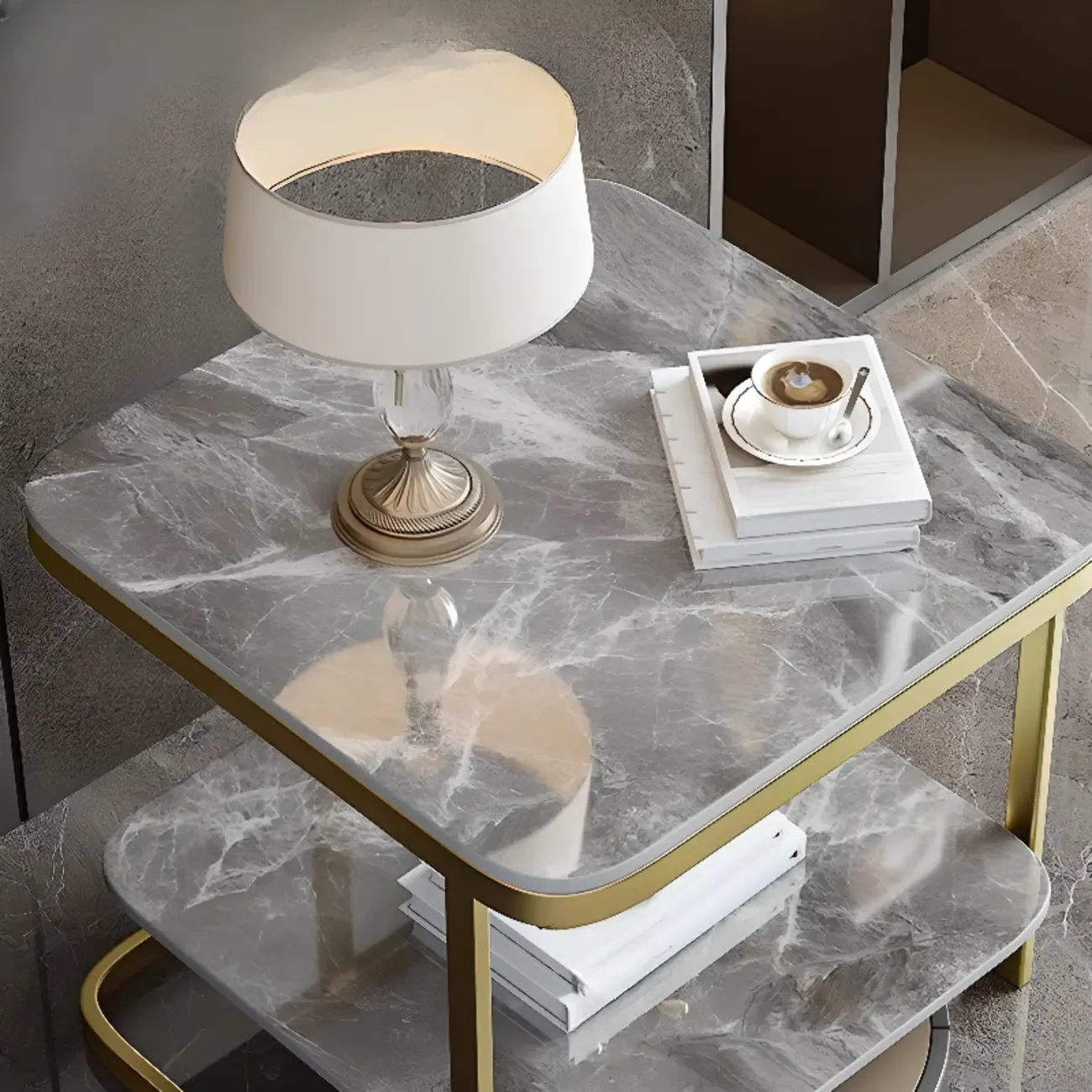 2-Tier C-Shaped Side Table with Shelf