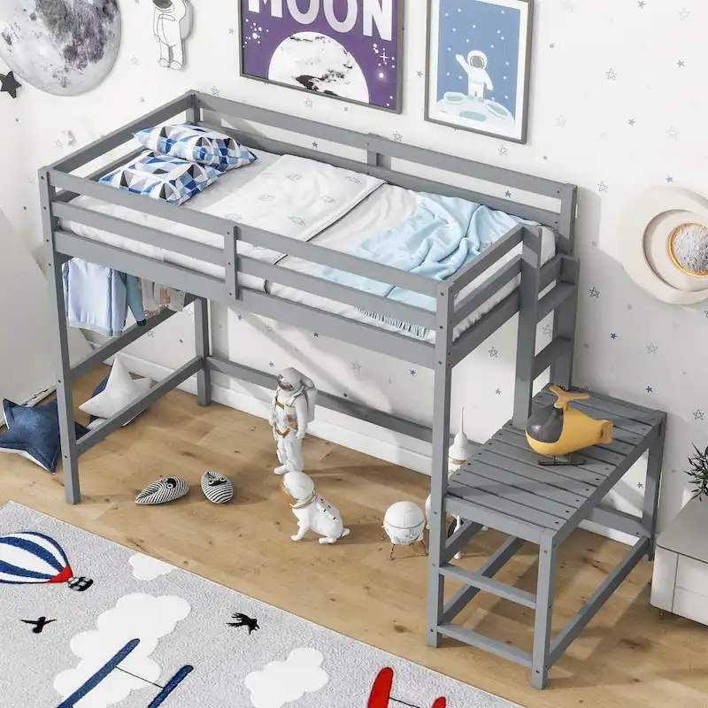 Twin High Loft Bed with Ladder landing Platform, Ladders, Guardrails