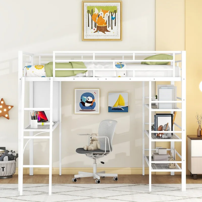 Twin Metal Loft Bed with Built-in Desk